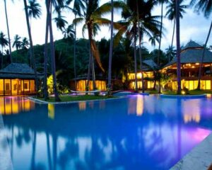 7 to 14 rooms Private Luxury Villa Stunningly beautiful Villa Kalyana is an exclusive beachfront estate on a private bay on Koh Samui. The natural design of this 5 to 10-bedroom residence accommodate up to 18 adults plus and 4 children.